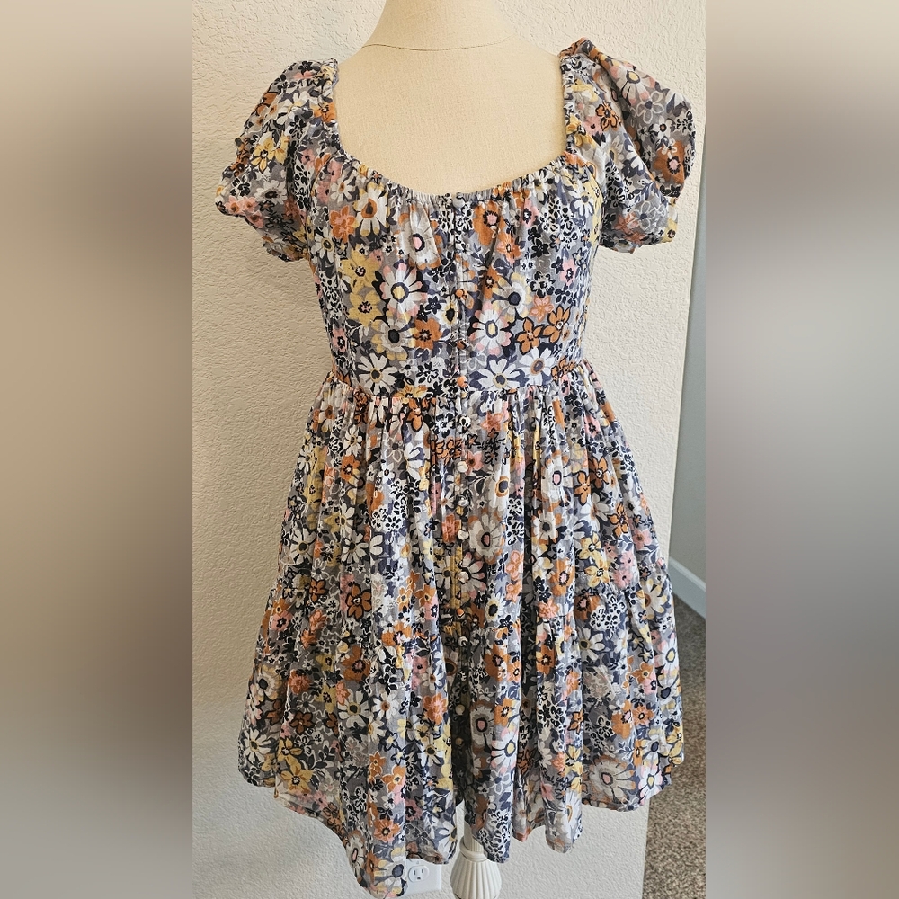 NWT AMERICAN EAGLE Puff Sleeve Tie Back Ruched Cotton Floral Short Dress Medium - Picture 3 of 15